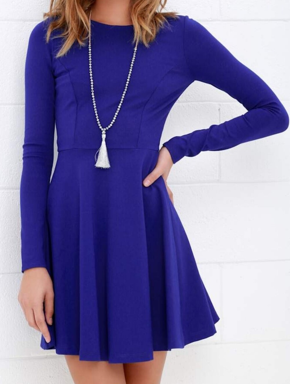 LULUS FOREVER CHIC ROYAL BLUE LONG SLEEVE DRESS. SIZE M